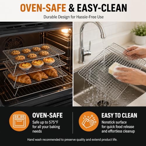 Cooling Rack 16"x10", 3-Tier Stackable & Collapsible Cooling Racks | Cooling Racks for Cooking and Baking, Roasting, Grilling, Oven & Dishwasher Safe (Silver, 3-Tier) - color: Silver, size: 3-Tier