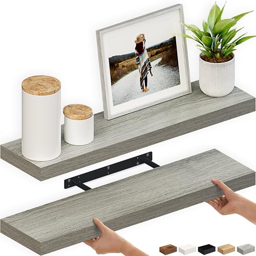 Ballucci Floating Shelves, 36" Wood Wall Shelf Set of 2, with Invisible Brackets for Bathroom, Living Room, Bedroom, Kitchen, Nursery, 6" Deep, Rustic Gray - color: Grey, size: 35.4 inches