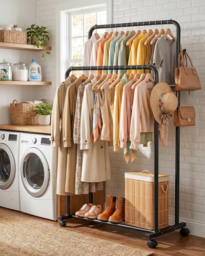 Delamu Clothes Rack Double Rods Clothing Racks for Hanging Clothes with Rolling Wheels, Hooks, Metal Garment Rack, Portable Wardrobe Coat Rack with Shelfs for Bedroom, Laundry Room, Black 65''Hx32''W