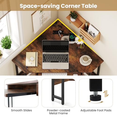 Giantex Small Corner Desk with Charging Station, Triangle Computer Desk with Keyboard Tray & Storage Shelf, Metal Corner Writing Desk for Bedroom, Small Space, Home Office, Black & Rustic Brown