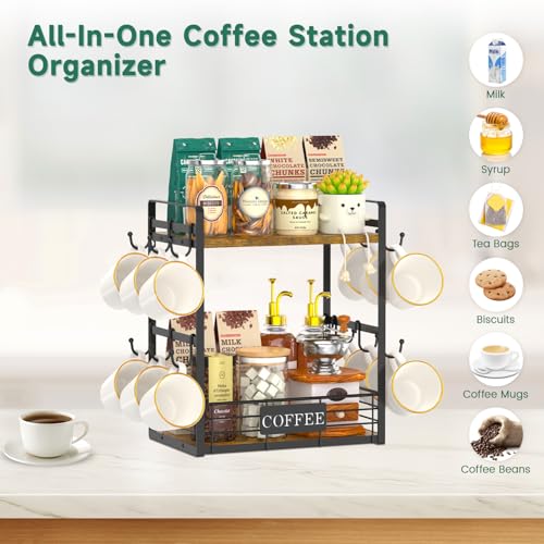 EsLuker.ly Coffee Mug Cup Holder Tree Bar Station Organizer, 2 Tier Mug Stand Rack for Countertop Kitchen, Storage Tower Display Shelf with 12 Hooks, Coffee Nook Enhancer - color: Antique Brown + Black