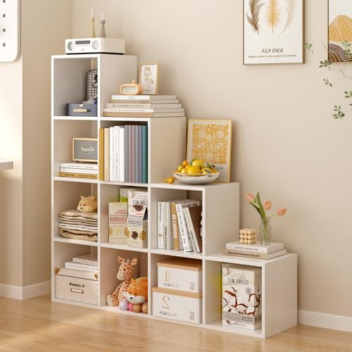 Ladder Cube Storage Bookcase, 10-Cube Corner Shelf, White | Wooden L-Shaped, Reversible 4-Tier Organizer, Fits 11×11" Bins, For Home & Office - color: White, size: 10-Cube