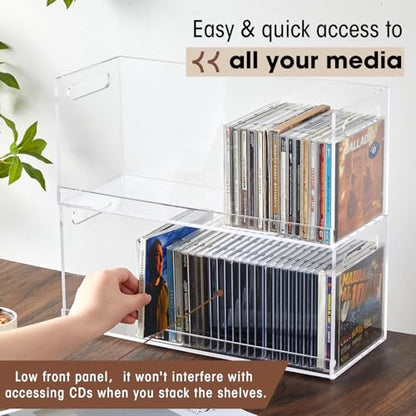CroBlissful 2 Pcs Acrylic Cd Storage Box, Clear Acrylic Stackable Cd Holder Racks with Cutout Carrying Handles, Organizer Shelf for Media, Movie Cases, Dvds Organizer