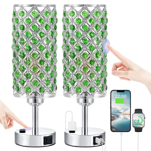 Hong-in Green Crystal Lamp Touch Control Set of 2, Crystal Table Lamps with USB C+A Ports & AC Outlet, 3-Way Dimmable Nightstand Touch Lamp, Modern Bedside Table Lamp for Bedroom(Bulbs Included) - color: Green
