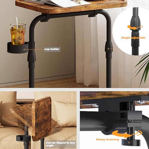 TUTOTAK C Shaped End Table with Tiltable Surface, Adjustable Height Side Table, Slide Under Couch Table TV Tray for Eating, Sofa Tray for Livingroom, Bedroom Brown TB01BB091 - color: Brown