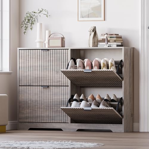 BORNOON Large Shoe Cabinet for Entryway, Shoe Rack Cabinet with 4 Flip Drawer and Adjustable Shelves for Small Apartment, Foyer - color: Wood, size: 4-Drawer