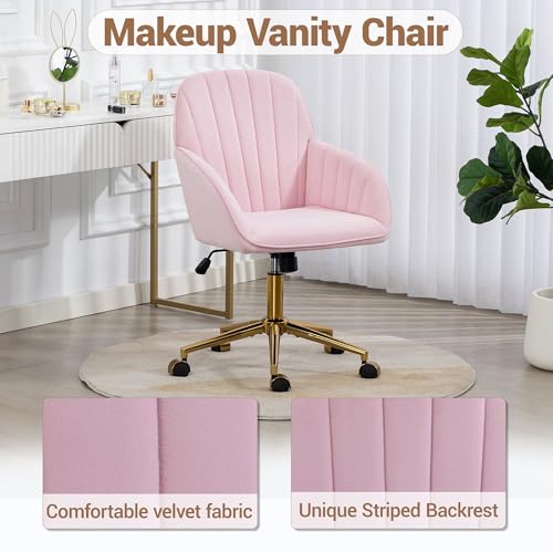 Velvet Make Up Vanity Chair with Wheels and Gold Base 330 Lbs - Pink | Home office Chair, Study Chair, Teacher Chair, Cute Chair, Height Adjustable Swivel Desk Chair, for Living Room Study Room - color: Pink