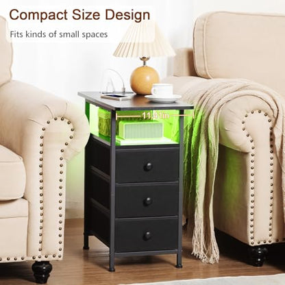AMHANCIBLE Narrow End Table Living Room with Charging Station, Slim LED Nightstand with Fabric Drawers, Skinny Side Table for Bedroom, Small Spaces, Couch, Black, HETN013LBK-1 - color: Black, style: LED Light & Power