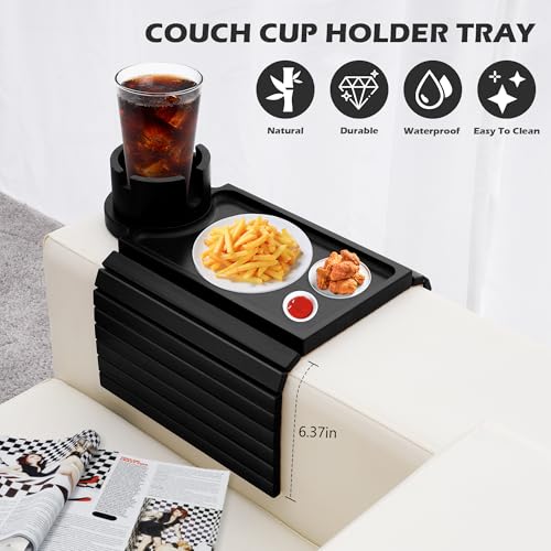GHKINMAL Couch Cup Holder Tray, 3 in 1 Large Couch Arm Trays,Bamboo Chair Clip on Tray with 360° Ratated Phone Holder for Couch,Armrest Tray for Snacks,Remote,Phone - color: Black