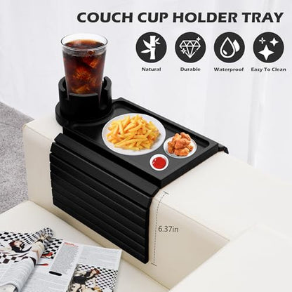 GHKINMAL Couch Cup Holder Tray, 3 in 1 Large Couch Arm Trays,Bamboo Chair Clip on Tray with 360° Ratated Phone Holder for Couch,Armrest Tray for Snacks,Remote,Phone - color: Black