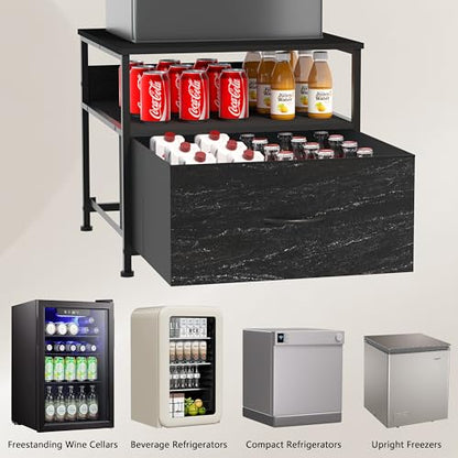Unionly Mini Fridge Stand with drawer Storage,shelf & Power Outlet | 180lb Mini Fridge Table with Charging Station,Heavy duty small refrigerator shelf,Black end table for Living Room,Kitchen - color: Black