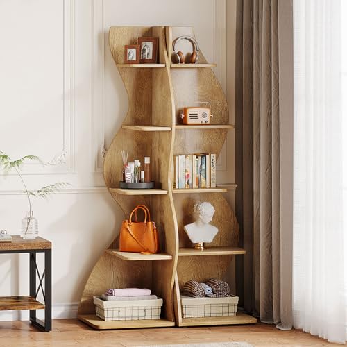 Tribesigns Wavy Corner Shelf Set of 2, Modern 5-Tier Bookshelf Etagere Bookcase with Curvy Shape, Unique Plant Stand Display Shelf for Living Room Small Space (Light Brown) - color: Light Brown