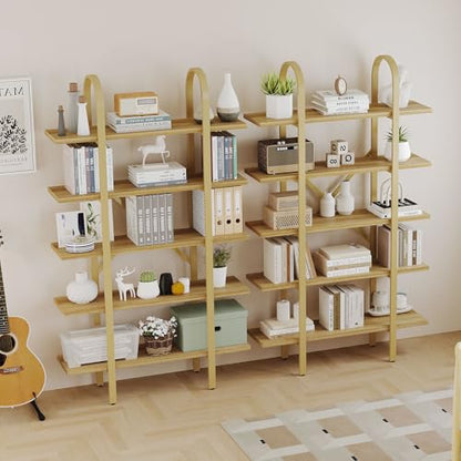 Wide Bookshelf Arched Bookcase, Industrial 5 Tier Open Book Shelves with Metal Frame, 72" Tall Freestanding Heavy Duty Display Rack for Home Office, Living Room,Nature Wood & Gold,Easy Assembly - color: Nature Wood & Gold, size: 5 Tier Arched Wide