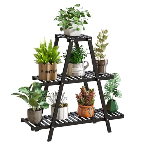 GHWIE Plant Stand Indoor Plant Shelf Outdoor bamboo Plant Rack, 3 Tiers Ladder Plant Holder Flower Stand for Living Room Balcony Garden Patio,Living Room Boho Home Decor for Gardening Gifts (Black) - color: Black