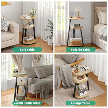 Kalrin Side Table, Small End Table with Metal Frame, 3-Tier Bedside Tables, Round Side Tables for Living Room Bedroom Couch Bathroom, Oval, Modern Oak - color: Modern Oak