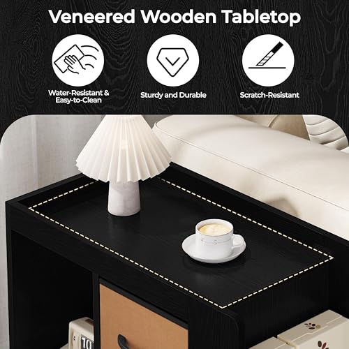 Yaheetech Narrow Side Table with Storage, Wooden Rolling Nightstand Bedside Table with Wheels, Magazine Racks and Open Shelves, End Table with Drawers for Living Room Bedroom, Black - color: Black