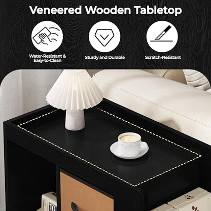 Yaheetech Narrow Side Table with Storage, Wooden Rolling Nightstand Bedside Table with Wheels, Magazine Racks and Open Shelves, End Table with Drawers for Living Room Bedroom, Black - color: Black
