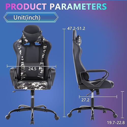 PayLessHere Ergonomic Racing Desk Chair Gaming Chair Computer Chair with Armrests 360° Swivel & Caster Pu Desk Task Chair Executive Headrest Lumbar Support for Back Pain Women Men and Adults (Camo) - color: Camo