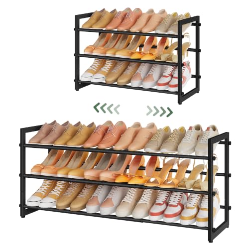 FAVOOSTY 3-Tier Expandable Shoe Rack, Adjustable Shoe Shelf Storage Organizer Space Saving Metal Free Standing Shoe Rack for Entryway Closet Doorway, Black - color: Black, size: 3 Tier