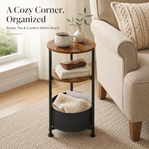 Small Round Side Table with Storage Basket, 3-Tier Narrow End Table Nightstand for Living Room Bedroom, 11.8" Diameter Modern Bedside Table for Small Spaces, Wood Grain & Metal Frame (Rustic Brown) - color: Rustic Brown