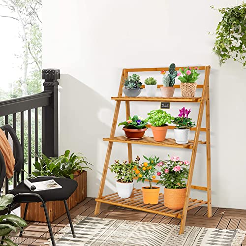 Giantex Bamboo Ladder Plant Stand, 3 Tier Folding Bamboo Plant Shelf, Foldable Flower Pot Display Shelf Rack, Multiple Plants Holder Organizer Storage Shelf for Indoor Outdoor Balcony Garden (Natural) - color: Natural