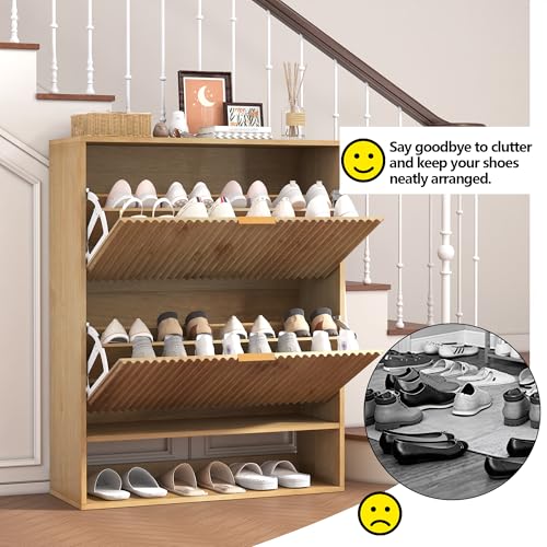 GarveeHome Fluted Shoe Storage for Entryway, Slim Narrow Shoe Cabinet with 2 Flip Drawers, Open Bottom Shelf & Side Hooks, Freestanding Shoe Organizer for Hallway Foyer