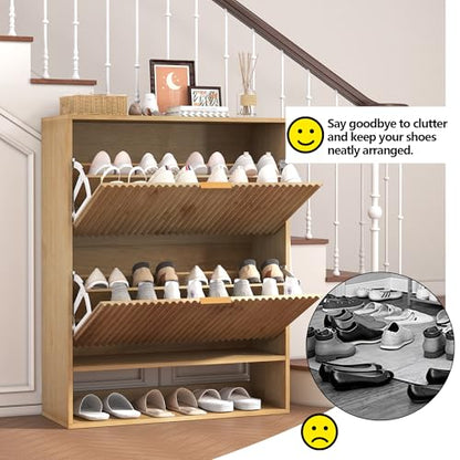GarveeHome Fluted Shoe Storage for Entryway, Slim Narrow Shoe Cabinet with 2 Flip Drawers, Open Bottom Shelf & Side Hooks, Freestanding Shoe Organizer for Hallway Foyer