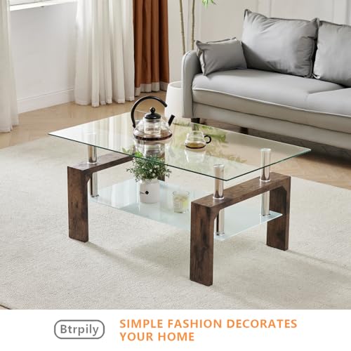 Living Room Rectangle Coffee Table, Tea Table Suitable for Waiting Room, Modern Side Coffee Table with Wooden Leg, Glass Tabletop with Lower Shelf.(brown) - color: Brown