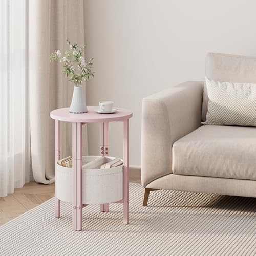 Vagusicc Small Round Side Table, Accent End Table with Storage Basket, Set of 2 Half Round Coffee Table End Table, Half Moon Bedside Table, Modern Nightstand Couch Table for Living Room Bedroom, Pink - color: Pink