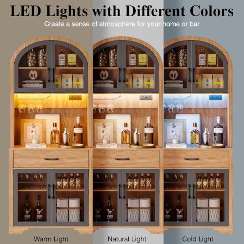 Tall Arched Pantry Cabinet, Kitchen Pantry Cabinet with Drawer and Charging Station, Tall Coffee Bar Cabinet with Storage, Dining Room Kitchen Hutch Storage Cabinet - color: Natural