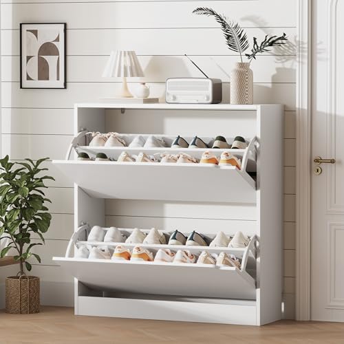 Xixini Shoe Storage Cabinet for Entryway with 2 Flip Drawers, Wood Freestanding Hidden Shoe Storage, Narrow Slim Sturdy Shoe Organizer for Front Door Entrance, Living Room, Hallway, Bedroom, White - color: White, size: 2 Drawers without Rack