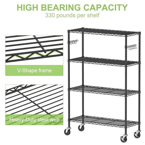 4 Tier Wire Metal Shelving Rack Garage Storage Rolling Shelves with Wheels | Heavy Duty Adjustable Industrial Shelving Steel Wire Organizer Rack for Kitchen Garage Pantry Office Bathroom - size: 4-Tier Metal Shelf（36L x 14W x 57H）
