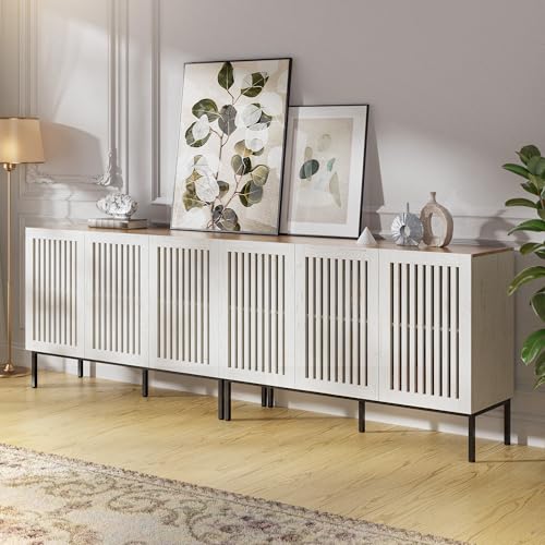 BVIUNTWO 95" Farmhouse Buffet Cabinet with Grille Doors, Adjustable Shelves & 6 Doors, Storage Sideboard with Metal Base for Kitchen, Dining & Living Room, Antique White - color: White, size: 95 Inch