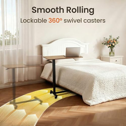 Careboda Overbed Table with Wheels Pneumatic Height Adjustable-Brown | Rolling Bedside Table for Home Hospital&Office