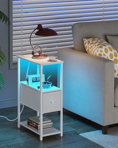 TUTOTAK Small Narrow LED End Table with Charging Station, Side Table Outlets, Nightstand with Cloth Drawer, Set of 2, Couch Table, for Living Room, Bedroom, Bedside, White TB01BW059 - color: White, style: 1 Drawer with Plug & Light