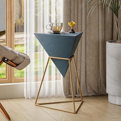 COZAYH Modern Geometric End Table with Wooden Top and Golden Metal Base, Unique Pyramid Side Table Plant Stand for Office, Living Room, Bedroom, Fully Assembled, Triangle, Blue - color: Blue