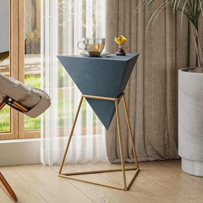 COZAYH Modern Geometric End Table with Wooden Top and Golden Metal Base, Unique Pyramid Side Table Plant Stand for Office, Living Room, Bedroom, Fully Assembled, Triangle, Blue - color: Blue
