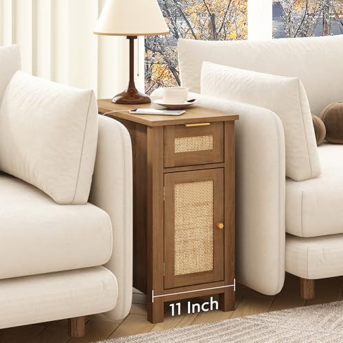 Narrow End Table with Charging Station - Midcentury Rattan Slim Side Table with USB Ports and Power Outlets, Nightstand with Flip Top and Storage Drawer, for Small Spaces Living Room Bedroom