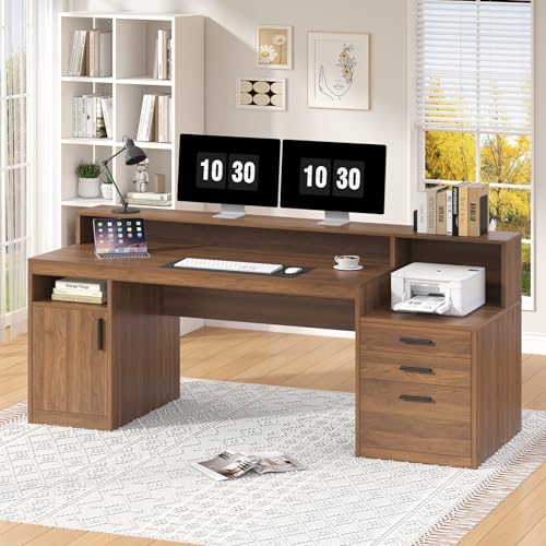 YOMILUVE Computer Desk with 3 Drawers & Storage Shelves, 65 Inch Home Office Desk with File Drawer & Cabinet, Writing Study Desks with Monitor Stand & Printer Shelf, Executive Desk, Brown - color: Brown