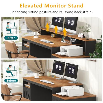 TVU Farmhouse Computer Desk with Drawers, 65'' Home Office Desk with Power Outlets, Storage Cabinet and Printer Stand, Study Writing Desks with Long Monitor Stand, Brown and Black - color: Brown and Black