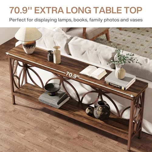 Tribesigns 70.9-Inch Narrow Sofa Table, Industrial Long Sofa Table Behind Couch, Entry Console Table with Storage for Entryway, Living Room, Foyer, Unique Design, Brown Glossy - color: Brown Glossy