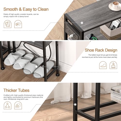 Small Narrow Side Table with Charging Station, Skinny End Table for Small Spaces, Slim Nightstand with Outlets, Sofa Bedside Table in Living Room, Bedroom, Study, Kitchen and Balcony(Grey) - color: Grey