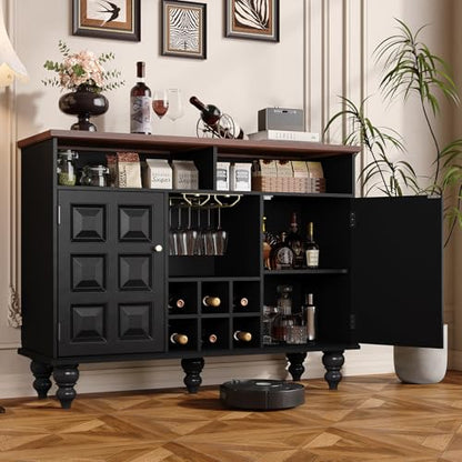 Vabches Modern Sideboard Buffet Cabinet, 46" Mid Century Liquor Whiskey Coffee Bar Station with Wine Rack and Glass Holder, Kitchen Wine Bar Cabinet with Storage Table for Living Dining Room