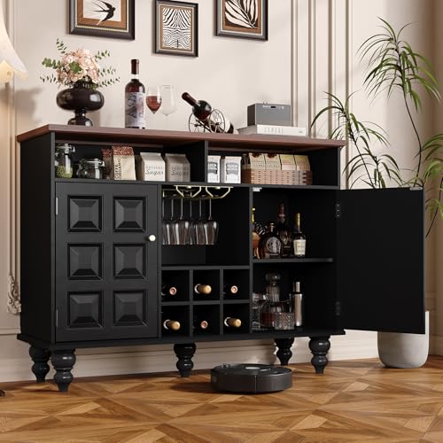 Vabches Modern Sideboard Buffet Cabinet, 46" Mid Century Liquor Whiskey Coffee Bar Station with Wine Rack and Glass Holder, Kitchen Wine Bar Cabinet with Storage Table for Living Dining Room