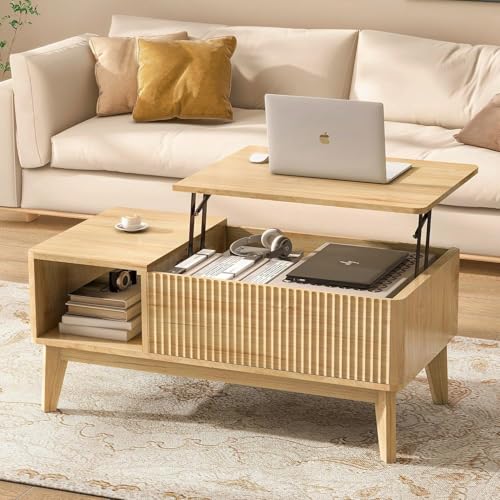 LYNCOHOME Fluted Lift Top Coffee Table with Storage, Modern Coffee Table for Living Room, Home Office(Natural) - color: Natural, size: 18.9''D x 37.4''W x 16.2''H