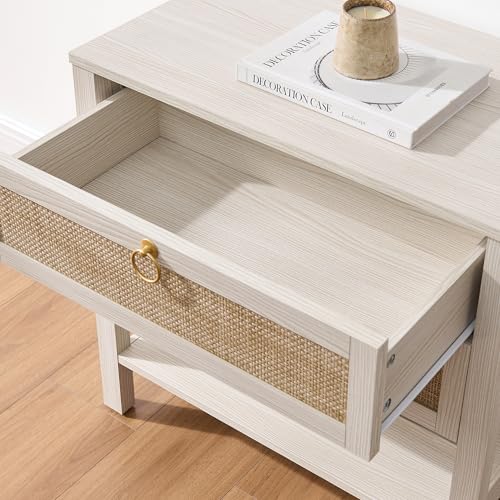 SICOTAS White Rattan Nightstand, Wide Bedside Table with 2 Drawers & Shelf | Large Night Stand with Storage Shelf, Coastal Boho Bedside Table for King Bed, Bedroom, Guest Room, Apartment, and End Table - color: White Cream Oak
