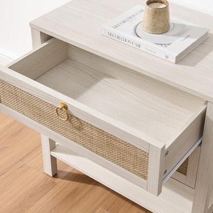 SICOTAS White Rattan Nightstand, Wide Bedside Table with 2 Drawers & Shelf | Large Night Stand with Storage Shelf, Coastal Boho Bedside Table for King Bed, Bedroom, Guest Room, Apartment, and End Table - color: White Cream Oak