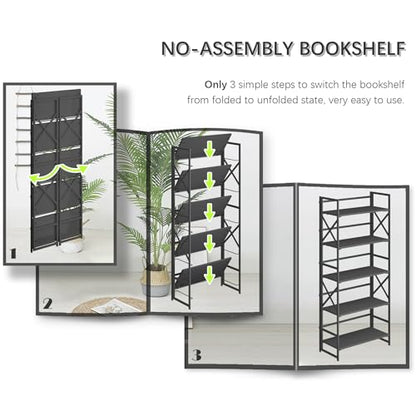 4NM 5 Tiers No Assembly Book Shelves, 51.2" H Folding Bookshelf Bookcase Open Industrial Foldable Shelves for Bedroom, Living Room, Home Office - All Black - color: All Black, size: XX 5-Tier