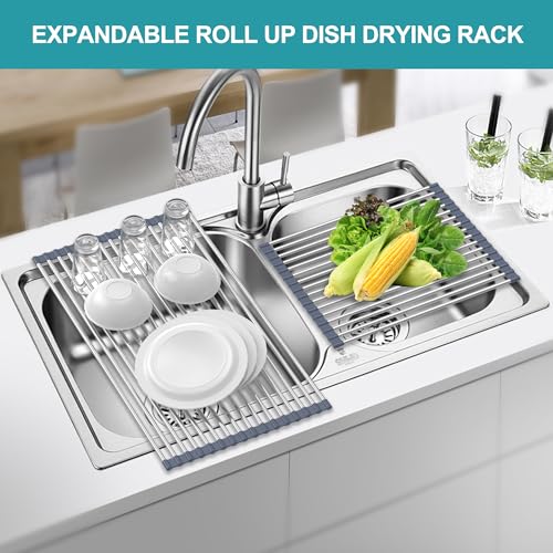 BBXTYLY Extra Large Expandable Roll Up Dish Drying Rack,Over The Sink Drying Rack Sink Cover Kitchen Sink Accessories Kitchen Rolling up Stainless Steel Drainer, Foldable,Rollable（Gray，22.8''-12.4''） - color: Gray, style: 16 tubes,expandable