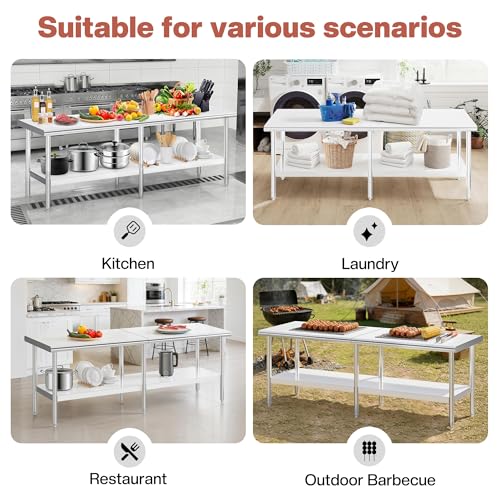 Jocisland 30" x 96" Stainless Steel Table for Prep & Work, Food-Grade Stainless Steel Adjustable Under Shelf and Feet, for Commercial Kitchen, Restaurant, Hotel, Garage - size: 30x96 in, style: Rounded Table Corner